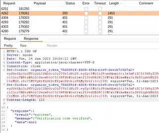 Burp screenshot showing the response when a successful 2FA code is submitted