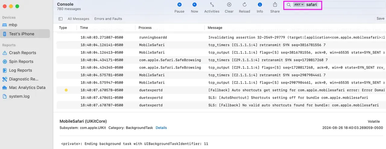 ios console logs safari — figure from “Logging – Mobile Application Penetration Testing #6”.