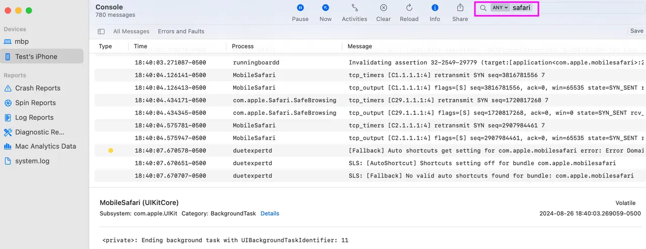 ios console logs safari — figure from “Logging – Mobile Application Penetration Testing #6”.